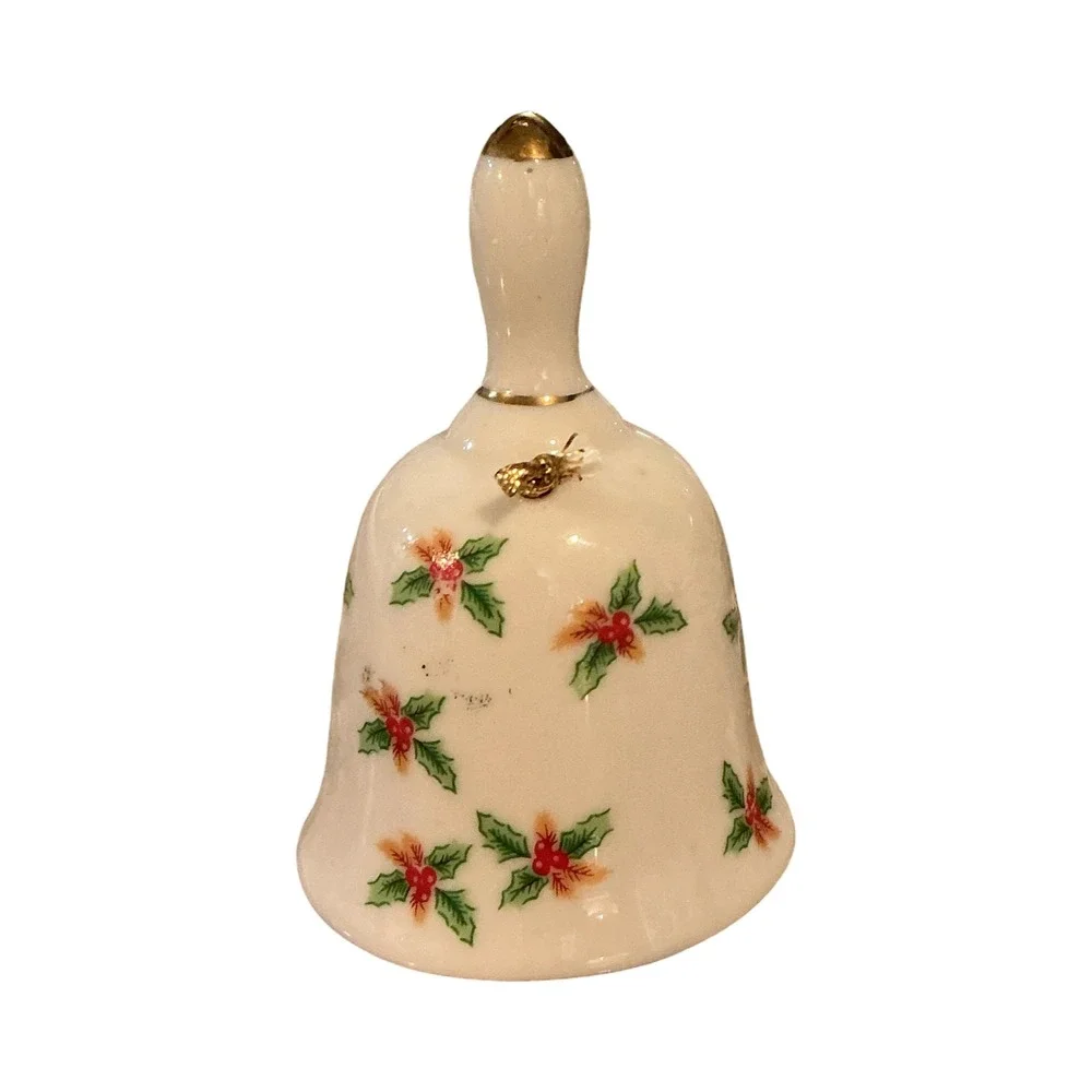 Vintage 1979 Enesco Seasons Greetings Holly Berry Ceramic Christmas Bell Gold